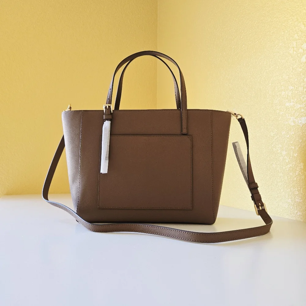 Tory Burch Emerson Top Zip Tote Moose Brown Saffiano Leather Crossbody Bag - Picture 5 of 16